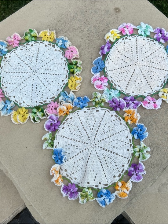 Other - Handmade White Crochet Doilies with Multicolor Floral Trim - Set of 3
